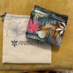 Anuschka Hand-Painted Wallet with Leopard and Foliage
